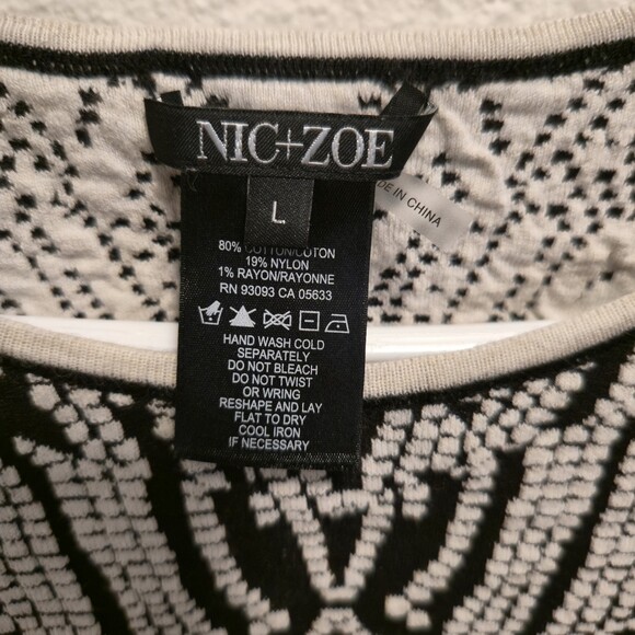 NIC+ZOE Black Cream Abstract Knit Sweater Womens Large L Textured Scoop Neck - Picture 4 of 7